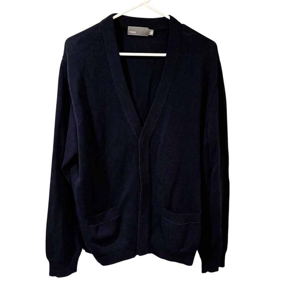 Vince Mens Large Navy Blue Cardigan Cotton Pockets V Neck Sweater